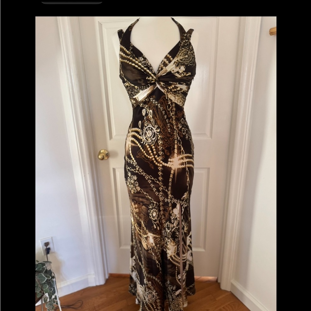 Mary L Couture Black and Gold Patterned Backless Dress